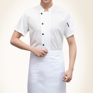 薄款透氣廚師服短袖單排黑扣 (白)