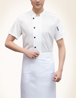 薄款透氣廚師服短袖單排黑扣 (白)