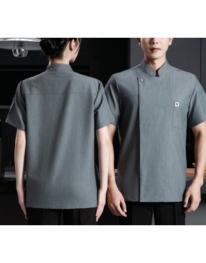 新款高級短袖彈力廚師服 (白/灰)-透氣設計