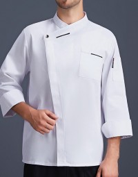 法式長袖側單扣廚師服（白/黑/酒紅/藍）