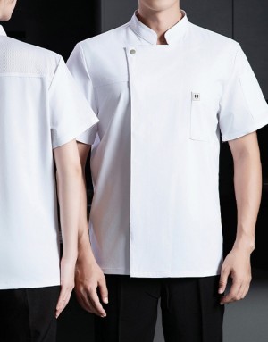 新款高級短袖彈力廚師服 (白/灰)-透氣設計