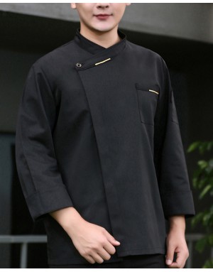 法式長袖側單扣廚師服（白/黑/酒紅/藍）
