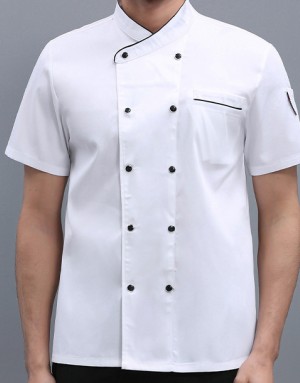 短袖黑邊領雙排釦廚師服(白)