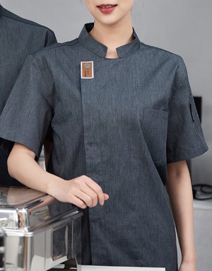 微笑釦短袖廚師服 (白/灰/卡其/黑)-M到大尺碼6XL