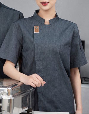 微笑釦短袖廚師服 (白/灰/卡其/黑)-M到大尺碼6XL