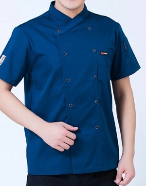短袖飾標雙排釦廚師服 (藍/白)