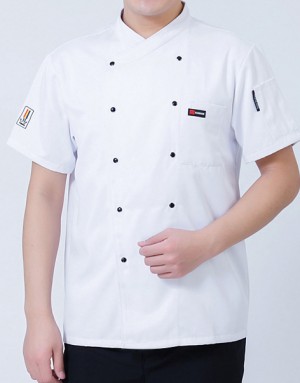 短袖飾標雙排釦廚師服 (藍/白)