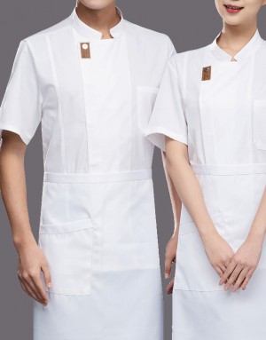 微笑釦短袖廚師服 (白/灰/卡其/黑)-M到大尺碼6XL