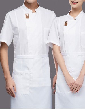 微笑釦短袖廚師服 (白/灰/卡其/黑)-M到大尺碼6XL