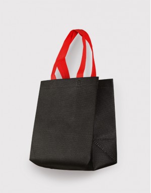 黑色紅提把寬底不織布立體小提袋 - S