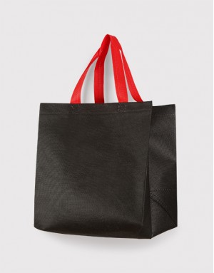 黑色紅提把寬底不織布立體小提袋 - M