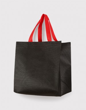 黑色紅提把寬底不織布立體小提袋 - M
