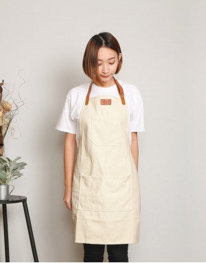 |預購| 牛仔布三口袋人工皮繞頸圍裙-米色 (50件起訂)