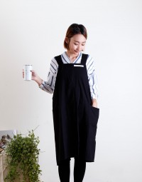 棉麻家居款雙口袋寬肩帶圍裙-7色