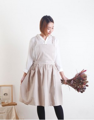 水洗棉麻雙口袋百摺裙款圍裙-3色