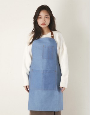 |預購|牛仔布繞頸式三口袋圍裙-淺藍 |預購|牛仔布繞頸式三口袋圍裙-淺藍