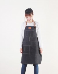 牛仔布三口袋人工皮繞頸圍裙-黑色