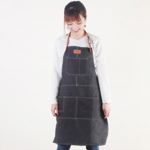 牛仔布三口袋人工皮繞頸圍裙-黑色