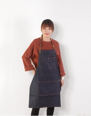 |預購|牛仔繞頸皮件圍裙-深藍 |預購|牛仔繞頸皮件圍裙-深藍