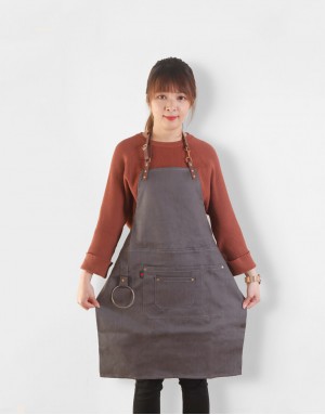|預購|牛仔繞頸皮件圍裙-冰灰 |預購|牛仔繞頸皮件圍裙-冰灰