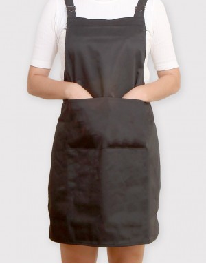 混棉布背帶式雙扣可調二口袋圍裙-黑色