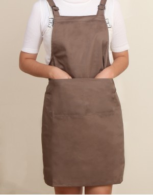 混棉布背帶式雙扣可調二口袋圍裙-卡其色