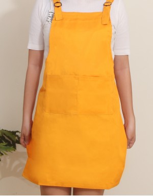 混棉布背帶式雙扣可調二口袋圍裙-橘色