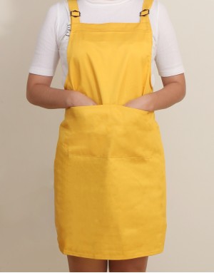 混棉布背帶式雙扣可調二口袋圍裙 - 黃色