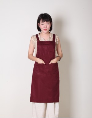 純棉雙口袋背帶式圍裙-暗紅色 純棉雙口袋背帶式圍裙-暗紅色