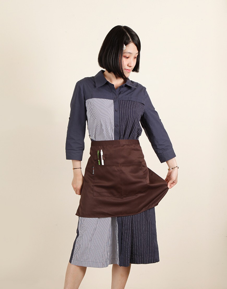 滌綸斜紋半身圍裙兩口袋+筆插款-咖啡色