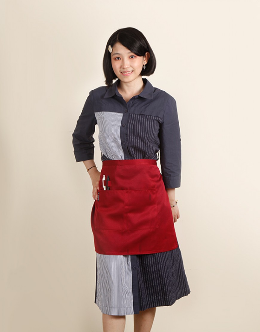 滌綸斜紋半身圍裙兩口袋+筆插款-暗紅色