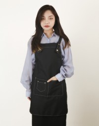 滌綿帆布背帶式雙口袋(兩釦小口袋)圍裙-黑色