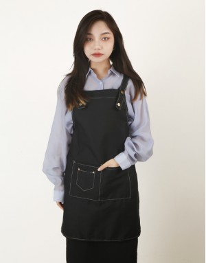 滌綿帆布背帶式雙口袋(兩釦小口袋)圍裙-黑色 滌綿帆布背帶式雙口袋(兩釦小口袋)圍裙-黑色