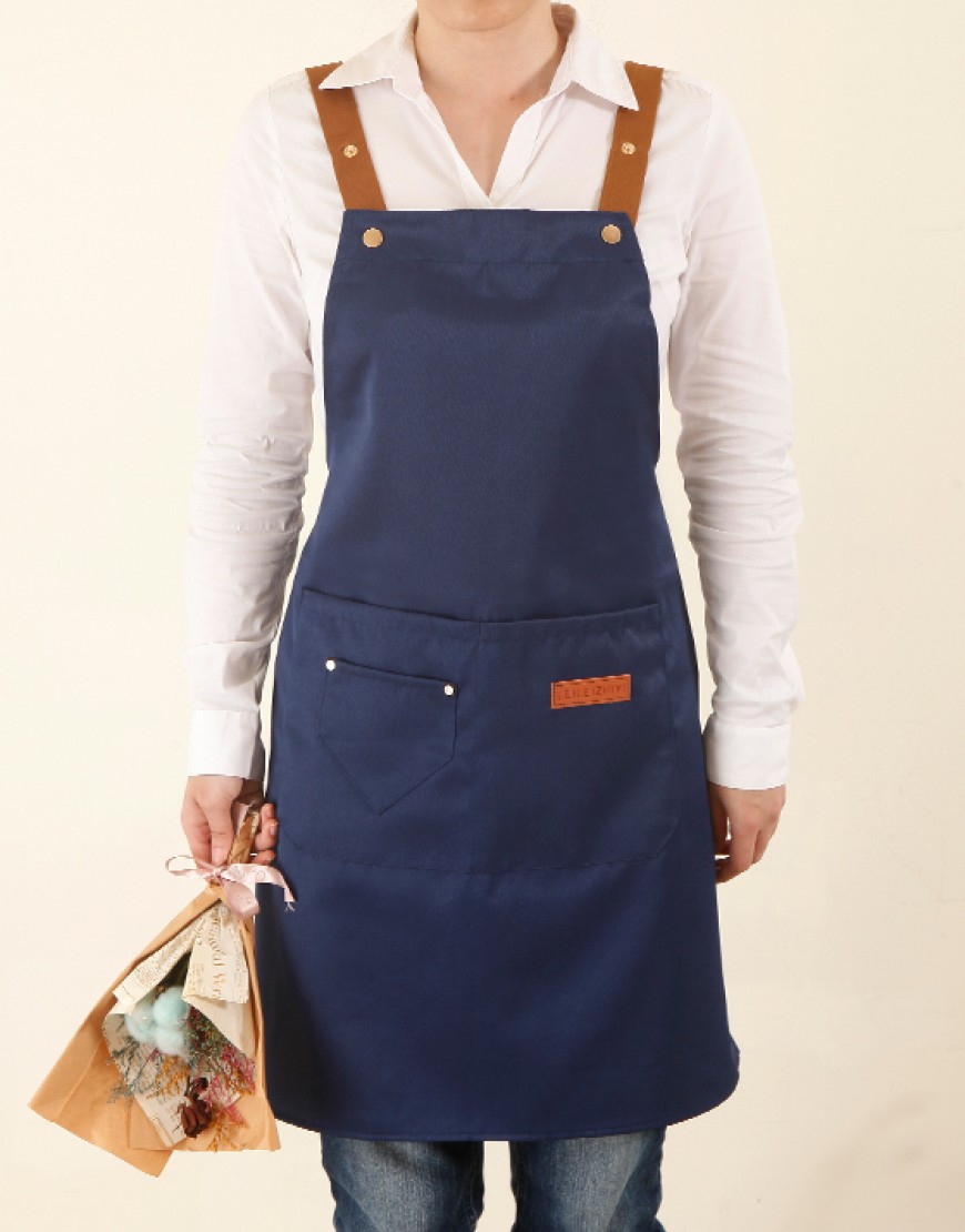 滌綿帆布背帶式防水防油污雙口袋圍裙(小口袋款)-深藍