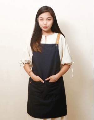 |預購| 滌綿帆布背帶式雙口袋圍裙-深藍（50件起訂）