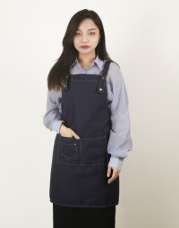 滌綿帆布背帶式雙口袋(兩釦小口袋)圍裙-深藍