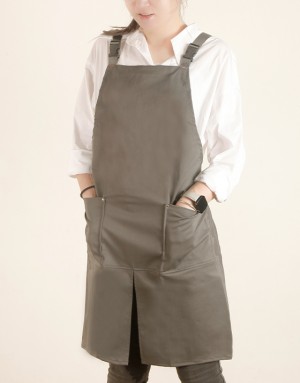 滌棉防潑水背帶式圍裙雙口袋前開叉款-淺灰