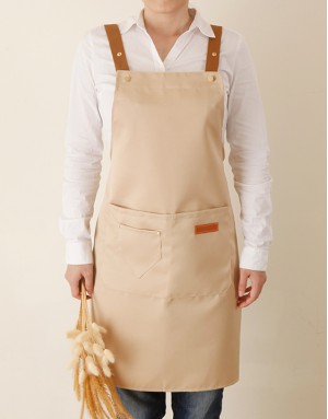 滌綿帆布背帶式防水防油污雙口袋圍裙(小口袋款)-卡其色