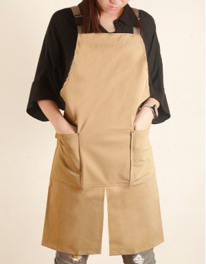 滌棉防潑水背帶式圍裙雙口袋前開叉款-麥色