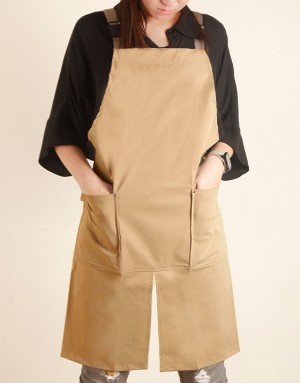 滌棉防潑水背帶式圍裙雙口袋前開叉款-麥色