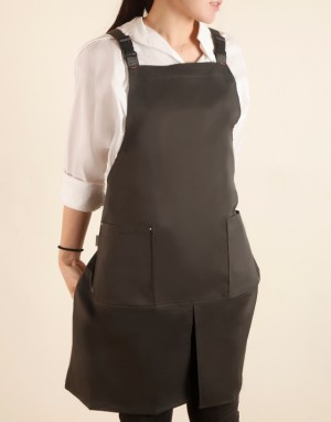 滌棉防潑水背帶式圍裙雙口袋前開叉款-深灰