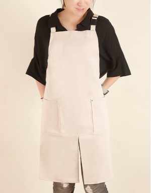 滌棉防潑水背帶式圍裙雙口袋前開叉款-米白