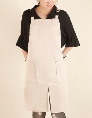 滌棉防潑水背帶式圍裙雙口袋前開叉款-米白