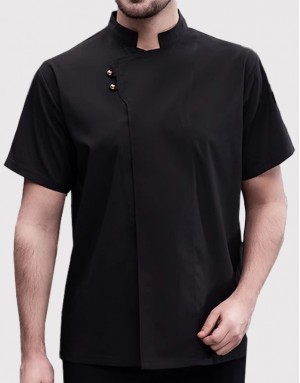 斜雙釦短袖廚師服 (黑/白/藍) - 夏季短袖速乾廚師工作服｜男女通用｜透氣網布設計