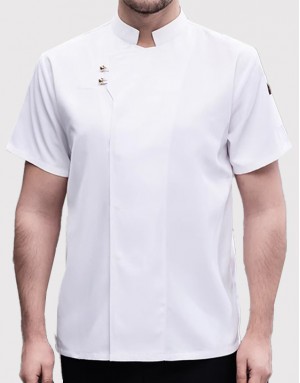 斜雙釦短袖廚師服 (黑/白/藍) - 夏季短袖速乾廚師工作服｜男女通用｜透氣網布設計