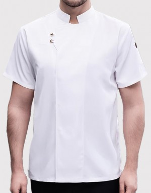 斜雙釦短袖廚師服 (黑/白/藍) - 夏季短袖速乾廚師工作服｜男女通用｜透氣網布設計