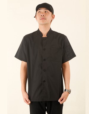 彈性布短袖單排釦廚師服 (黑/白)