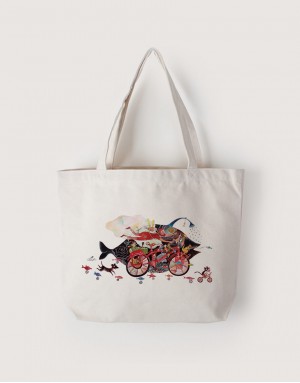 |插畫款|中帆布雙層橫式袋-淋雨騎單車 |插畫款|中帆布雙層橫式袋-淋雨騎單車