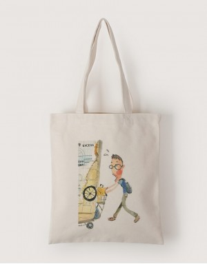 |插畫款|中帆布單層直式袋-推著單車上機場 |插畫款|中帆布單層直式袋-推著單車上機場