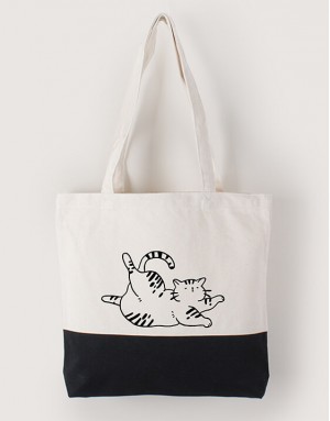 |插畫款|中帆布雙色拼接橫式袋-ヨガきゃっと/瑜珈貓 |插畫款|中帆布雙色拼接橫式袋-ヨガきゃっと/瑜珈貓